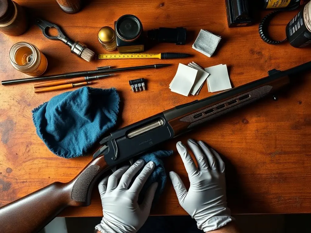 Reinigungsset mit Bürsten, Öl und Tüchern neben einer Langwaffe
