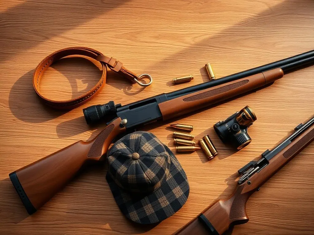 Premium-Jagdwaffe mit Zielfernrohr und Fernglas auf Schiefer