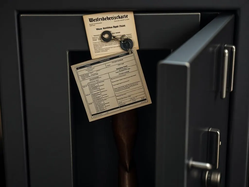 Geöffneter Waffenschrank mit Langwaffe, WBK und Schlüsseln