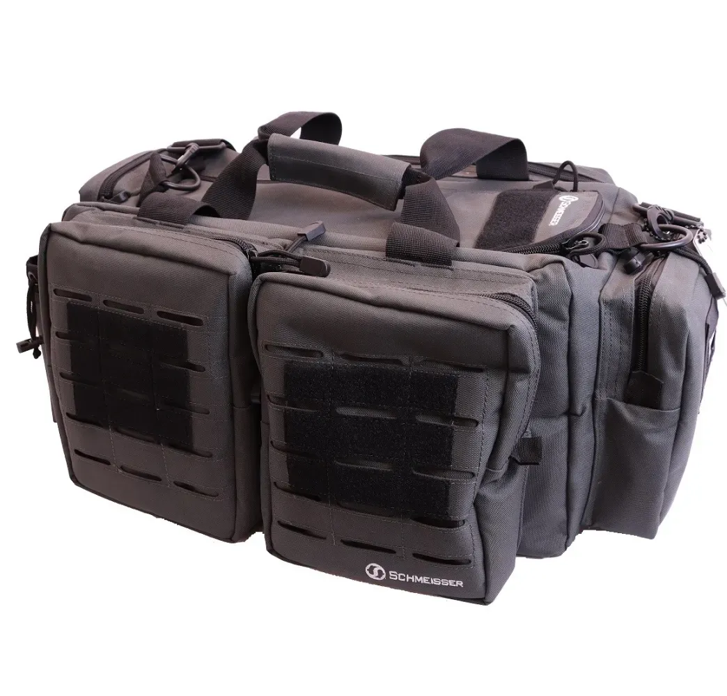 Schmeisser Range Bag Pistolentasche in Grau mit Laser-Cut-Vordertaschen